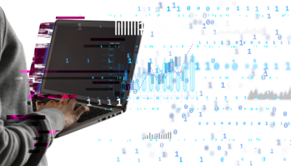 Person using laptop with digital data, binary code, and glitch effects on a white background. Concept of cybersecurity, hacking, and data analysis