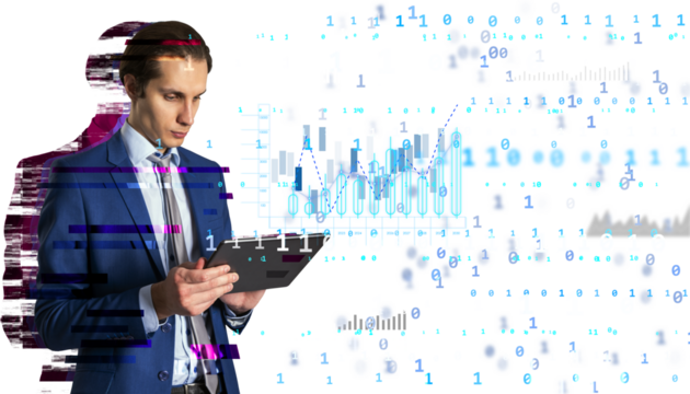 Businessman in blue suit using tablet with digital data, graphs, and binary code effects on white background. Concept of technology and finance