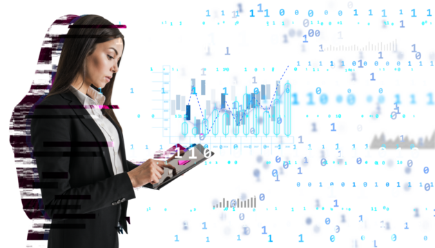 Businesswoman using a tablet with digital financial charts and binary code overlay. Concept of technology and data analysis on a white background