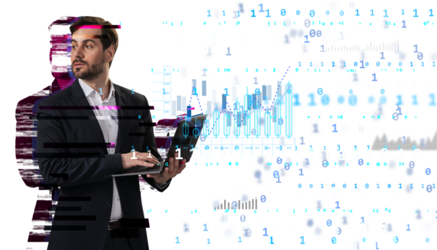 Businessman using laptop with digital data and glitch effect overlay on white background, representing technology, cybersecurity, and business analytics