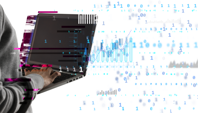Person using laptop with digital data, binary code, and glitch effects on a white background. Concept of cybersecurity, hacking, and data analysis