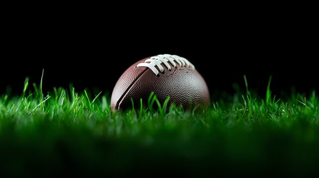 Lone rugby ball resting on vibrant green grass, highlighting sports theme, ideal for athletic promotions or casual use.
