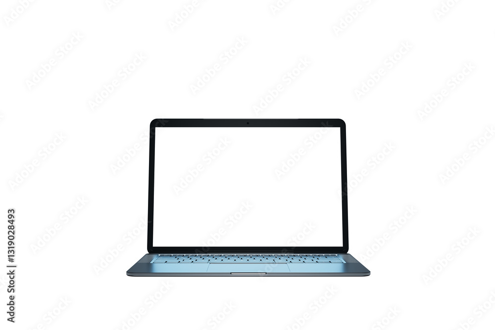 Poster Open laptop with blank screen isolated on white background, perfect for mockups and branding designs. Minimalist and clean layout. 3D Rendering.