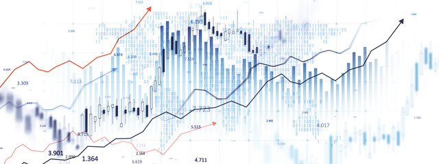 Financial stock market chart with rising graphs, candlestick patterns, and digital data overlay on a light background. Concept of investment growth. 3D Rendering.