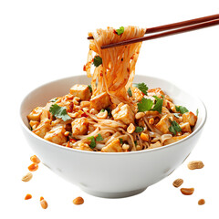 A Bowl of Pad Thai with Noodles Lifted by Chopsticks Isolated on Transparent Background