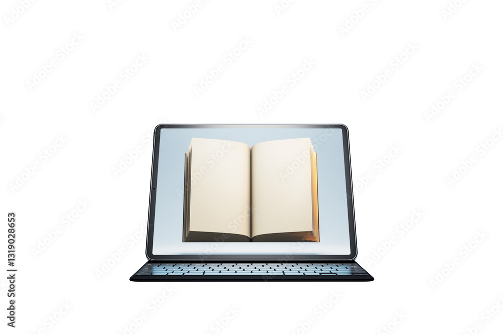 Poster Open book on a tablet screen with keyboard, isolated on white background. Concept of online education, digital study, and web learning service. 3D Rendering.