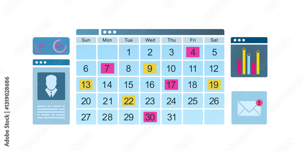 Poster Digital calendar layout with highlighted dates, user profile, stats, and email notification icons. Isolated on white background, clean design. 3D Rendering.