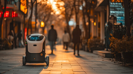 Autonomous delivery robot moving along a pedestrian street at sunset, symbolizing futuristic urban logistics, smart technology, and the evolution of last-mile delivery services