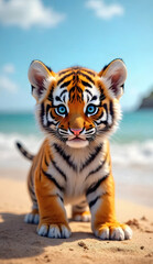 A hyper-realistic close-up of an adorable tiger cub standing on a sandy beach with ocean waves gently rolling in the background. The cub's fur is a rich blend of vibrant orange, deep black stripes, an