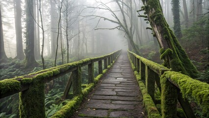 Obraz premium Enchanted mossy bridge path leads into a mystical, fog-filled forest, inviting exploration and wonder. A serene escape into natures embrace.