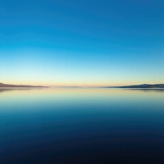 Fototapeta premium Calm lake with blended hues of blue and green, sky, landscape, blue