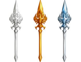Gold, silver and black tridents arranged in a row against a plain white background PNG,AI GENERATED
