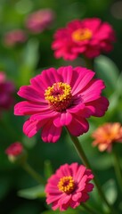 Brightly colored zinnia flowers with large petals, garden, spring garden