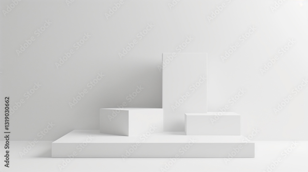 Poster geometrical forms white background. White elements design copy space with empty illuminated room template table stage podium. White color product background placement