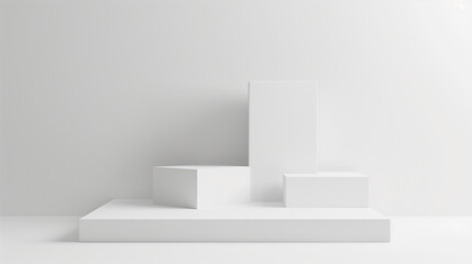 geometrical forms white background. White elements design copy space with empty illuminated room template table stage podium. White color product background placement