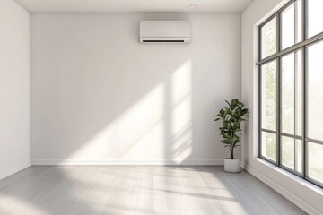 Fototapeta premium Minimalist room interior with air conditioner, sunlight, and plant.