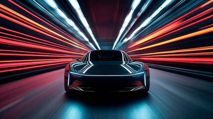 Futuristic car in a dark tunnel with a colorful lighting lines.