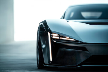 Headlight of modern grey car, close-up view.