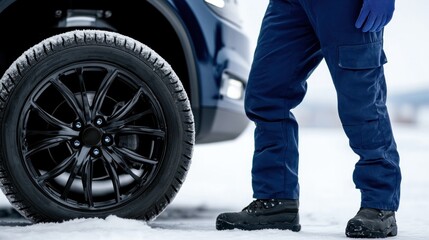 Obraz premium Winter tire inspection on snowy terrain by adult male.
