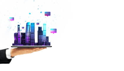 Businessman's hand holding a tablet with a futuristic cityscape emerging, featuring digital chat icons, on a white background, concept of smart city