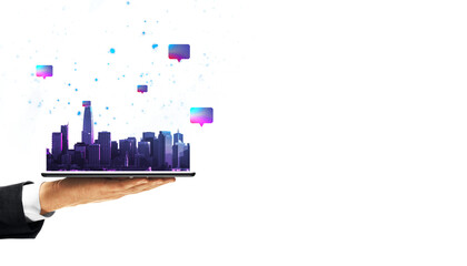 Businessperson holding a tablet with a digital smart city concept, showing online communication icons, on a white background