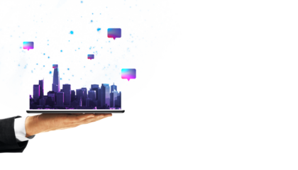 Businessperson holding a tablet with a digital smart city concept, showing online communication icons, on a white background