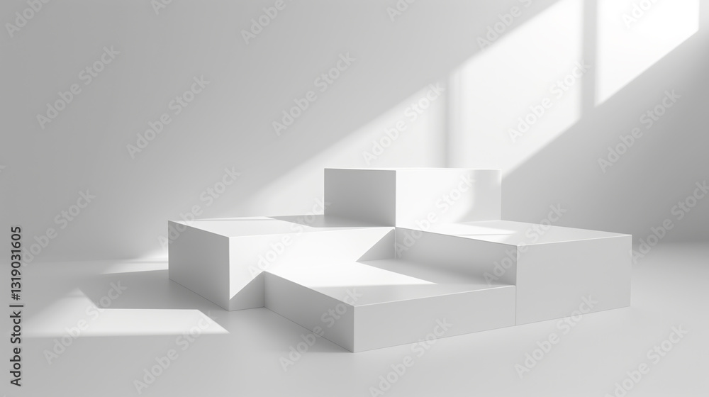 Poster geometrical forms white background. White elements design copy space with empty illuminated room template table stage podium. White color product background placement
