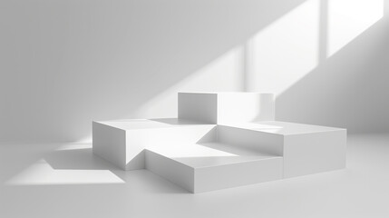 geometrical forms white background. White elements design copy space with empty illuminated room template table stage podium. White color product background placement