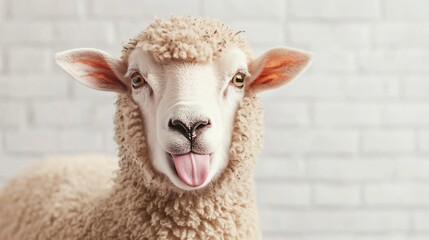 Fototapeta premium Friendly sheep with fluffy wool, close-up of a playful expression, perfect for farm themes or animal-related content.