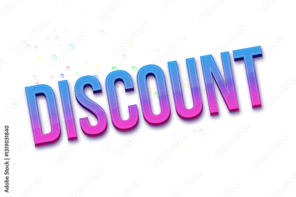 Poster discount text in blue and pink gradient with stitched effect, isolated on white background. clean an