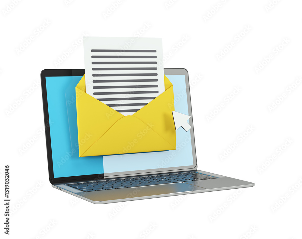 Poster Yellow envelope with a document emerging from a laptop screen, symbolizing digital email communication, on a white background. 3D Rendering