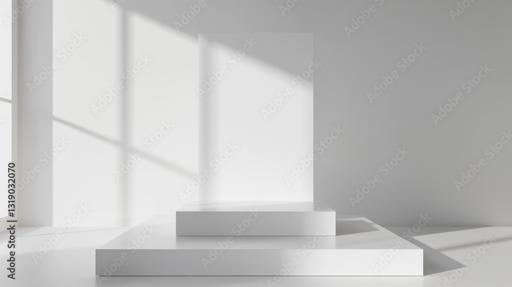 Poster geometrical forms white background. White elements design copy space with empty illuminated room template table stage podium. White color product background placement