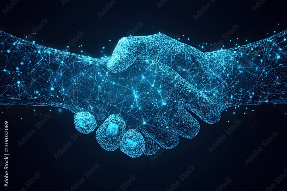 Poster two digital hand gestures showing a virtual network handshake concept