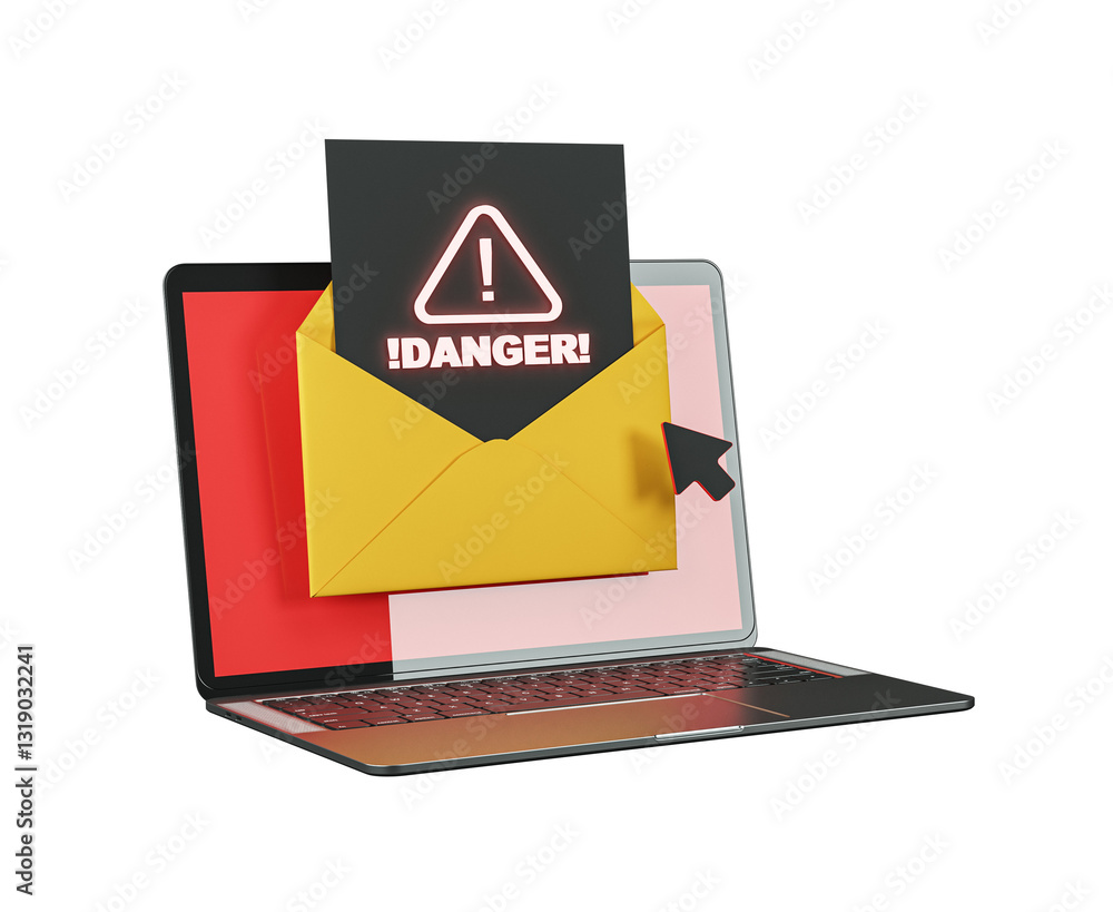 Poster laptop with a phishing email warning displayed on screen. yellow envelope with a danger sign emergin