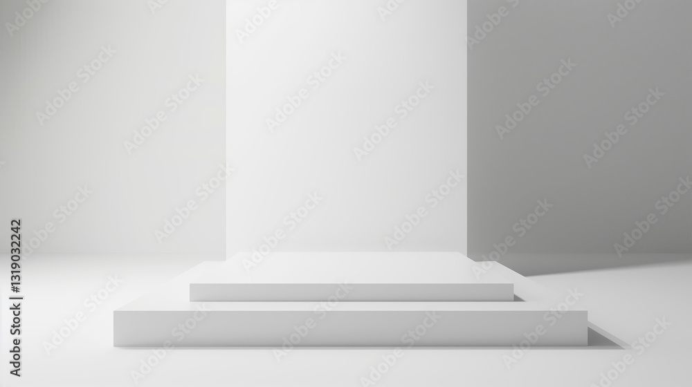 Poster geometrical forms white background. White elements design copy space with empty illuminated room template table stage podium. White color product background placement