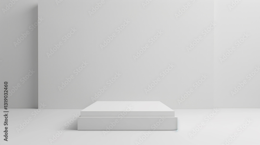 Poster geometrical forms white background. White elements design copy space with empty illuminated room template table stage podium. White color product background placement