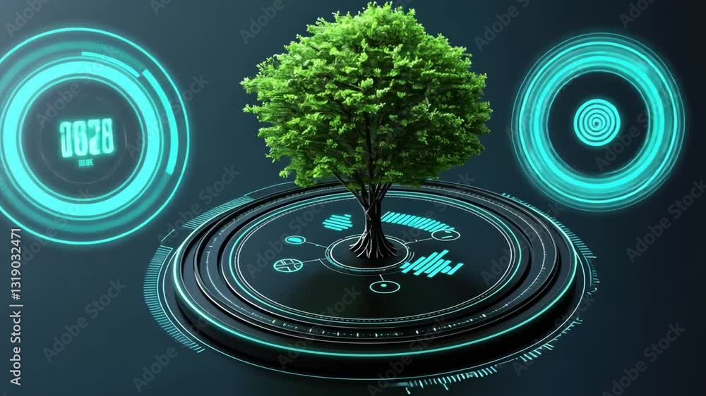Poster digital representation of a green tree set against a futuristic interface design, showcasing nature 
