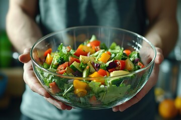 Male hands holding bowl with fresh vegetables salad, organic healthy food