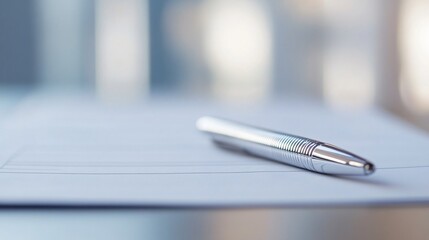 Sleek silver pen resting on a light-colored surface, ideal for branding or business stationery themes, clean and minimalist aesthetic.