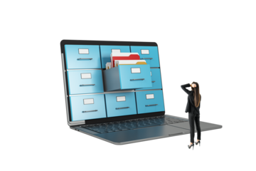 Businesswoman puzzled by a laptop with file cabinet drawers, symbolizing digital file management, on a white background