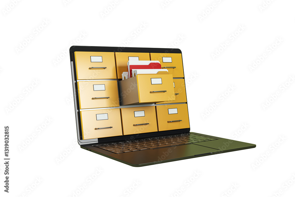 Poster Open laptop with file cabinet drawers emerging from the screen, symbolizing digital file management and storage, isolated on white background. 3D Rendering.