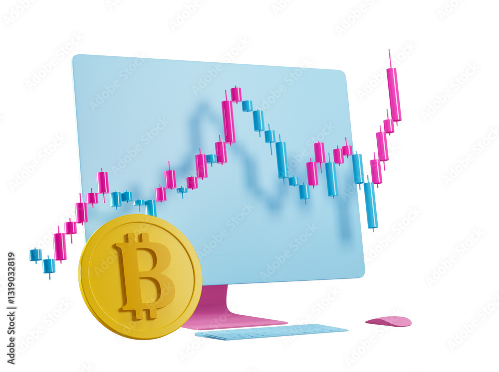 Leinwandbilder Bitcoin coin with financial candlestick chart on computer screen, symbolizing digital currency investment and blockchain trading. 3D Rendering