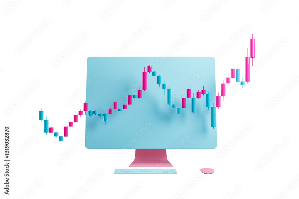 Aufkleber A 3D rendering of a financial candlestick chart seamlessly emerging from a computer screen, symbolizing stock market analysis and trading concepts