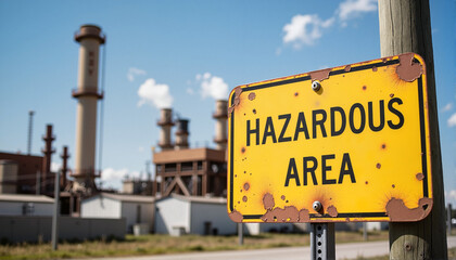 Hazardous area warning sign near industrial facility for blogs, safety presentations, environmental education, awareness campaigns, and graphic design related to safety protocols