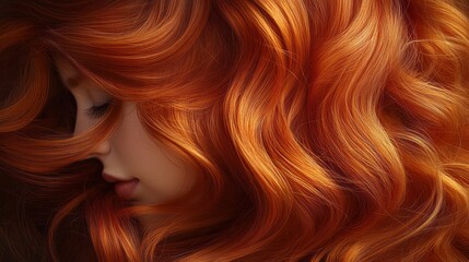 Fototapeta premium Long, vibrant orange hair flows beautifully, creating soft, wavy textures that catch the light. The delicate play of shadows enhances the captivating warmth of the hair, evoking a sense of elegance
