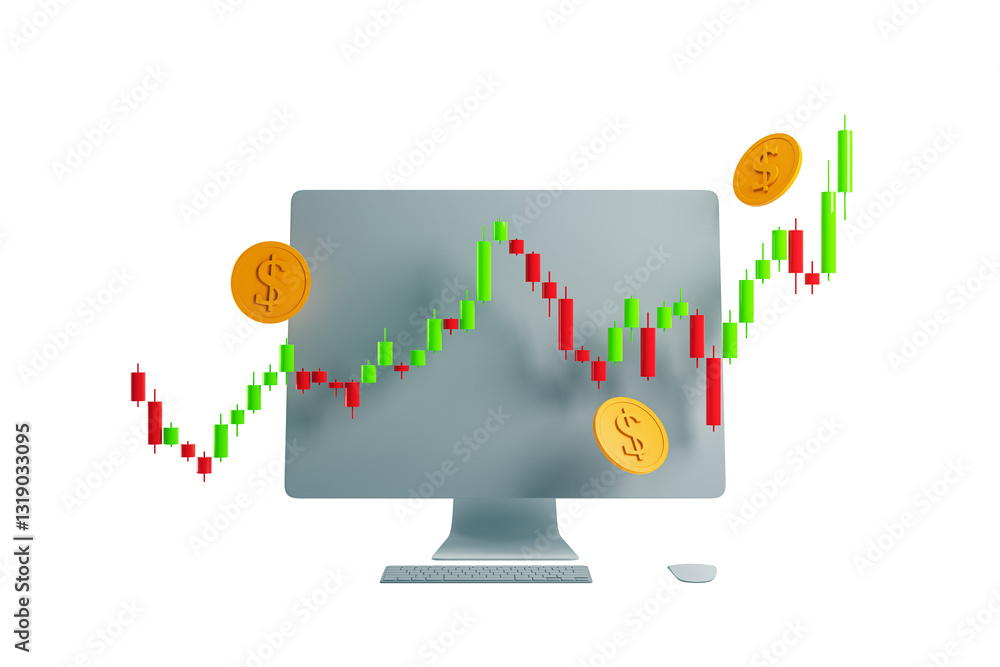Poster Candlestick chart with dollar coins emerging from a computer screen, symbolizing forex or stock market trading and investment growth. 3D Rendering