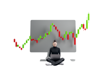 Woman sitting cross-legged with laptop, analyzing stock market candlestick chart on a large screen. Financial trading and investment concept