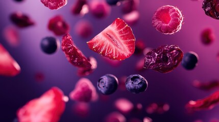 Fototapeta premium Thinly Sliced Dried Strawberries, Blueberries, and Raspberries Floating Against Deep Purple Background