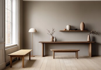 Minimalist room interior with wooden furniture, vases, and natural light.