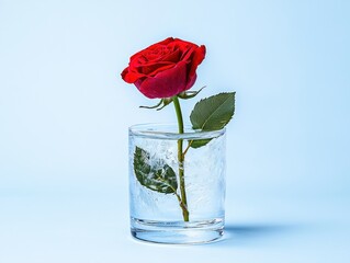 A vibrant red rose in a clear glass vase filled with ice, against a soft blue background